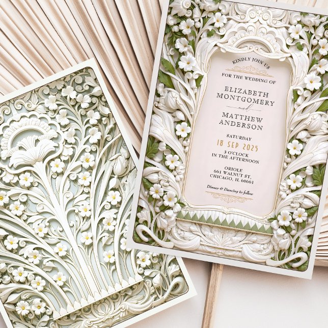 Faux Sculpted Ivory Blooms Wedding Invitation (Creator Uploaded)