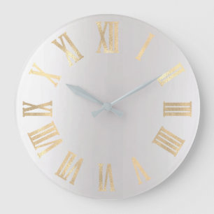 Faux Sepia Gold Grey Minimal Metallic Roman Numers Large Clock