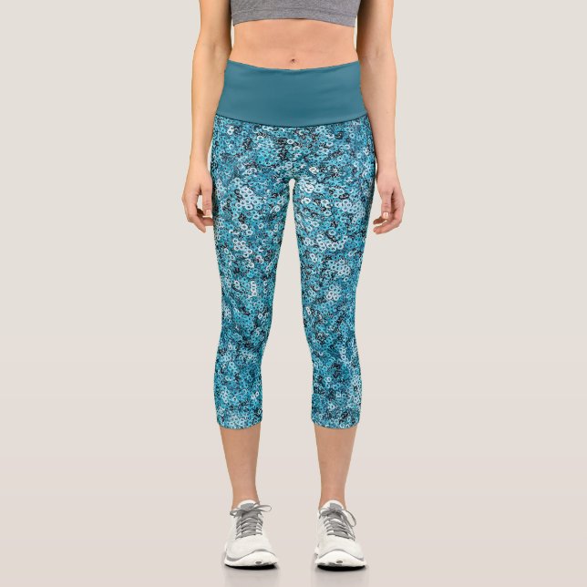 Faux Sequin Blue Pattern  Capri Leggings (Front)