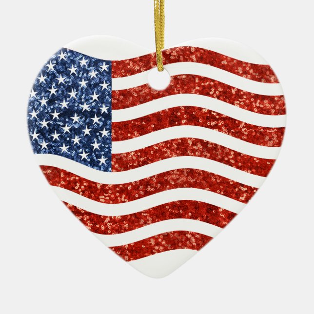 faux sequin print american flag ceramic tree decoration (Front)
