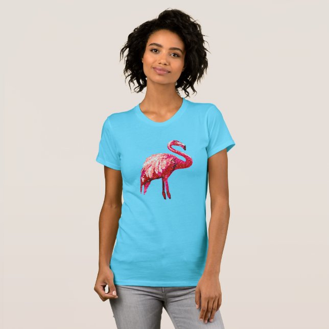 Faux Sequin Printed Tropical Flamingo Bird T-Shirt (Front Full)