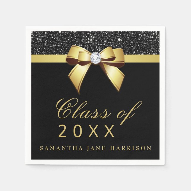Faux Sequins Bow Gold Black Graduation Party Napkin (Front)