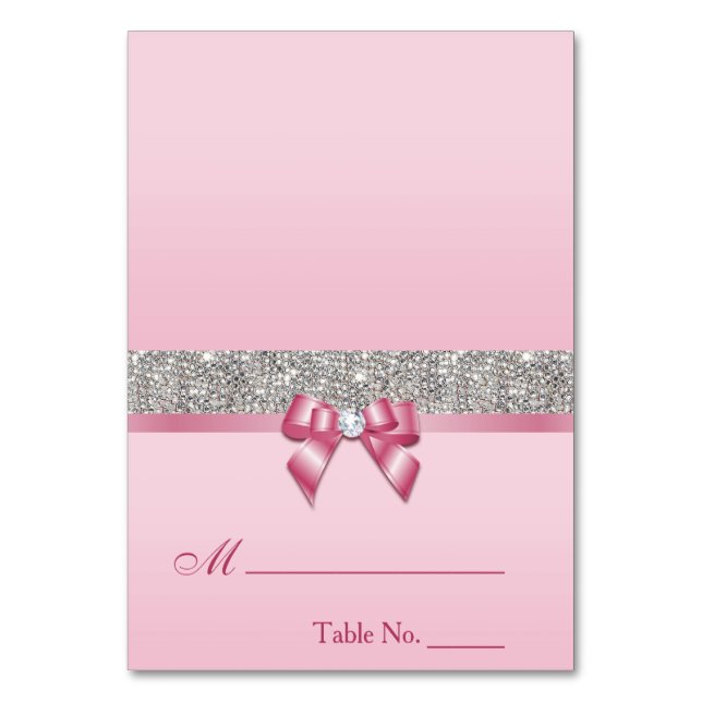 Faux Sequins Pink Bow Place Card (Front)