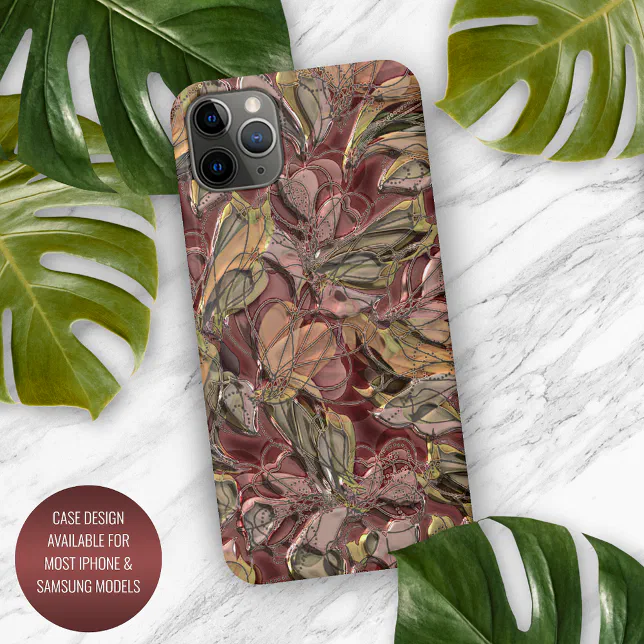 Patterned Iphone Case Faux Shiny Dark Red Green Gold Floral Art Pattern iPhone Case | Zazzle