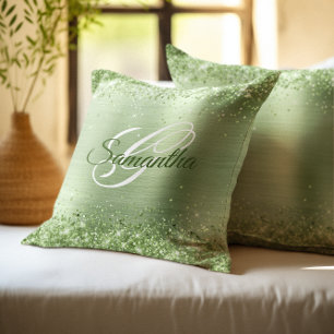 Faux Shiny Mint Green Glitter Foil Monogram Cushion