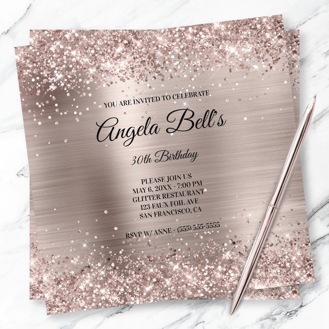 Faux Shiny Pink Champagne Glitter Foil Monogram Invitation (Creator Uploaded)