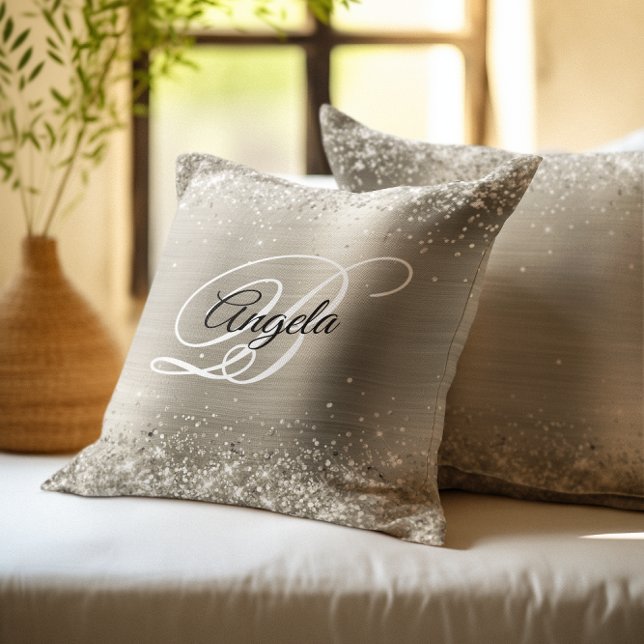 Faux Shiny Platinum Glitter Brushed Metal Monogram Cushion (Platinum Glitter Brushed Metal Monogram Throw Pillow)