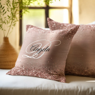 Faux Shiny Rose Gold Glitter Foil Fancy Monogram Cushion