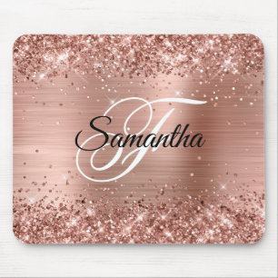Faux Shiny Rose Gold Glitter Foil Monogram Mouse Mat