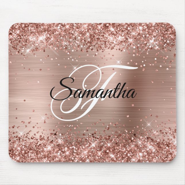 Faux Shiny Rose Gold Glitter Foil Monogram Mouse Mat (Front)