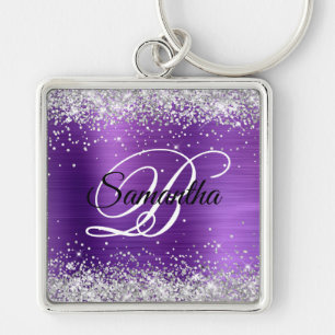 Faux Shiny Silver Glitter Amethyst Foil Monogram Key Ring