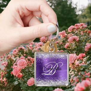 Faux Shiny Silver Glitter Amethyst Foil Monogram Key Ring
