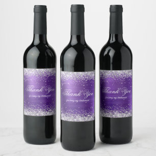 Faux Shiny Silver Glitter Amethyst Foil Thank You Wine Label