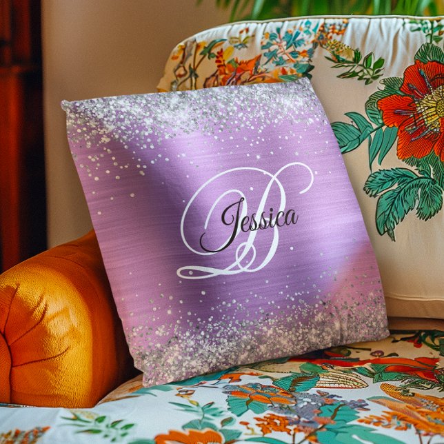 Faux Shiny Silver Glitter Lavender Foil Monogram Cushion (Faux Shiny Silver Glitter Lavender Foil Monogram Throw Pillow)