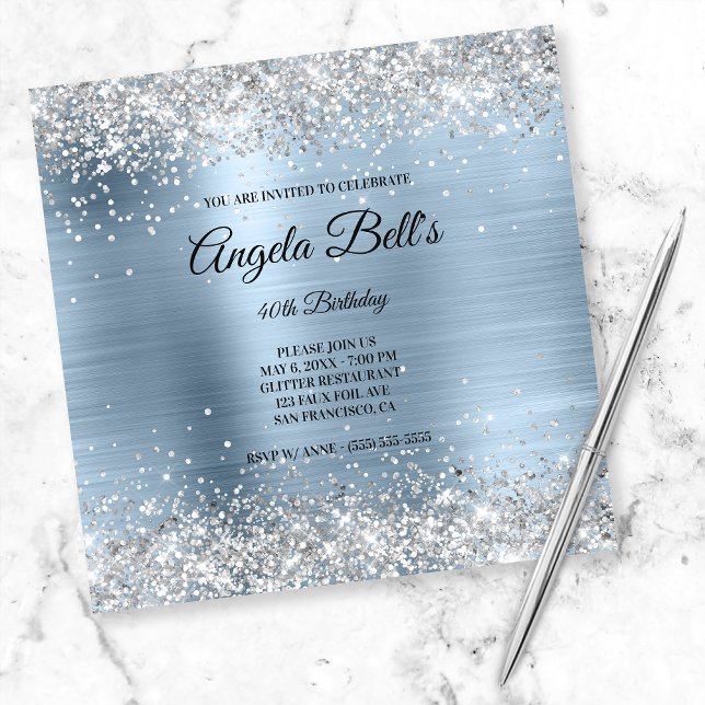 Faux Shiny Silver Glitter Pale Blue Foil Monogram Invitation (Creator Uploaded)