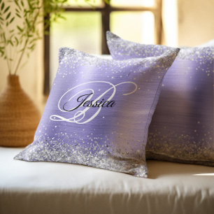 Faux Shiny Silver Glitter Periwinkle Foil Monogram Cushion