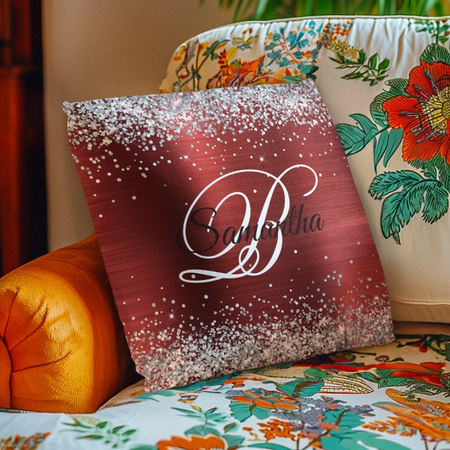 Faux Shiny Silver Glitter Red Foil Monogram Cushion (Faux Shiny Silver Glitter Red Foil Monogram Throw Pillow)