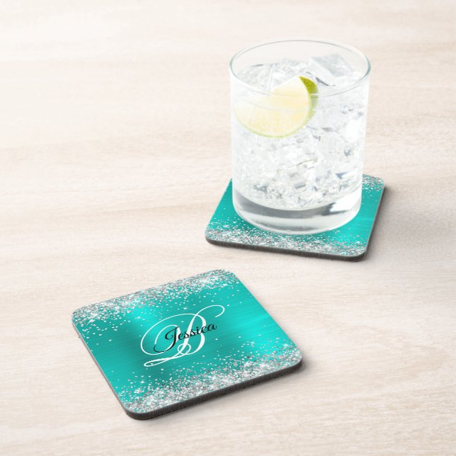 Faux Shiny Silver Glitter Turquoise Foil Monogram Coaster (Right Side)