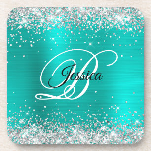 Faux Shiny Silver Glitter Turquoise Foil Monogram Coaster