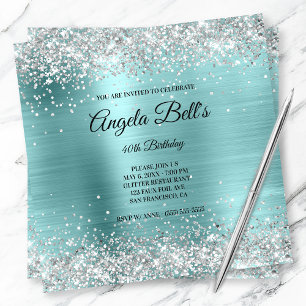 Faux Shiny Silver Glitter Turquoise Foil Monogram Invitation