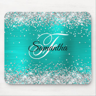 Faux Shiny Silver Glitter Turquoise Foil Monogram Mouse Mat