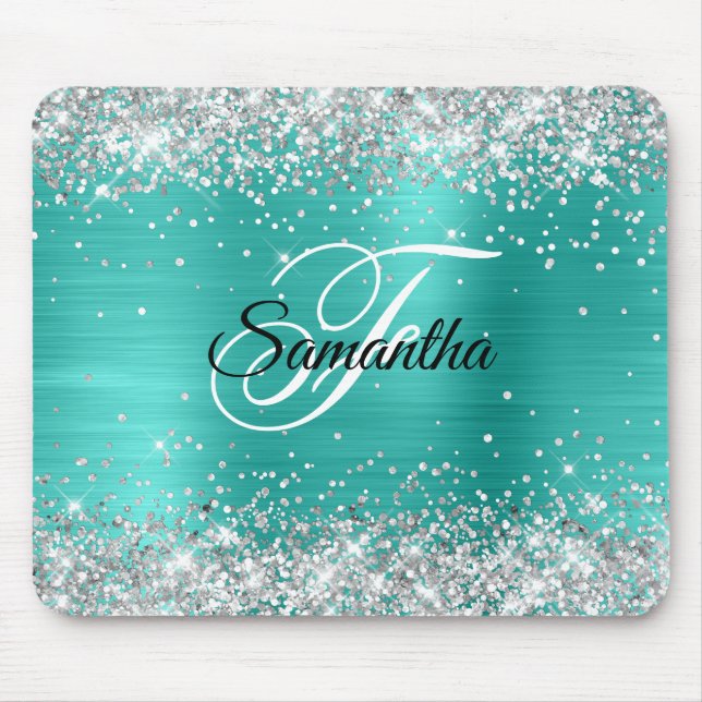 Faux Shiny Silver Glitter Turquoise Foil Monogram Mouse Mat (Front)