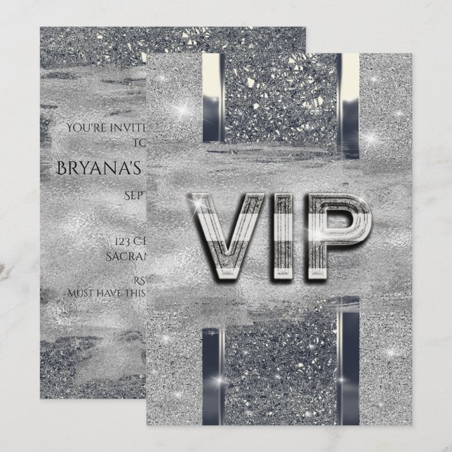 Faux Shiny Silver Metallic VIP Party Invitation (Front/Back)
