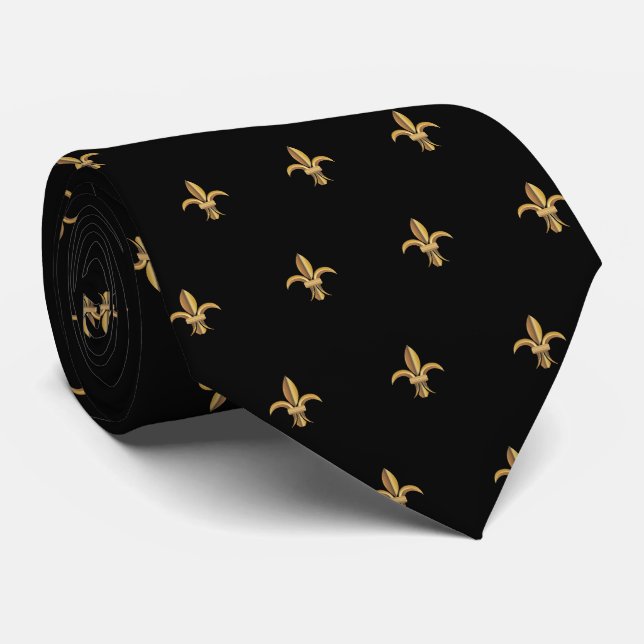 Faux Silk Black Gold Fleur de Lis Luxury Neck Tie (Rolled)