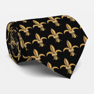 Faux Silk Black Gold Fleur de Lis Luxury Neck Tie