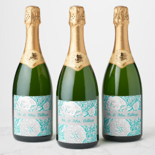Faux Silk Embossed Illusion Rose/Teal Sparkling Wine Label