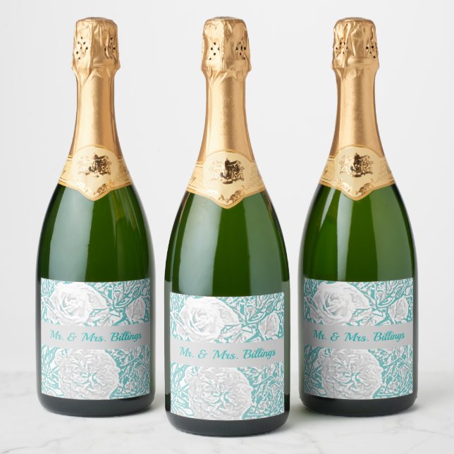Faux Silk Embossed Illusion Rose/Teal Sparkling Wine Label (Bottles)