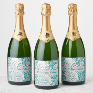Faux Silk Embossed Illusion Rose/turquoise Sparkling Wine Label