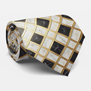 Faux Silk Neck Tie Black, White + Gold Marble
