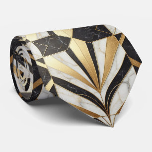 Faux Silk Neck Tie Black, White + Gold Marble