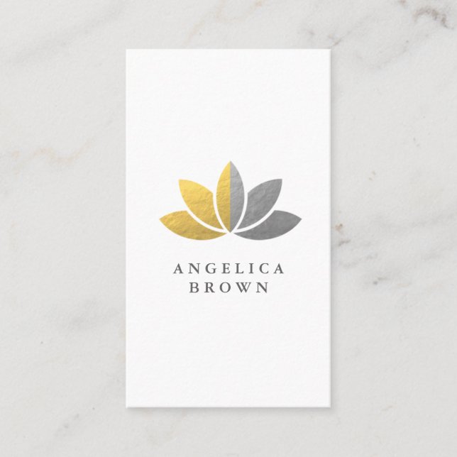 Faux Silver and Gold Foil Lotus Flower Business Card (Front)