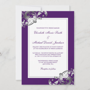 Faux Silver and Purple Flourish Swirls Wedding Invitation
