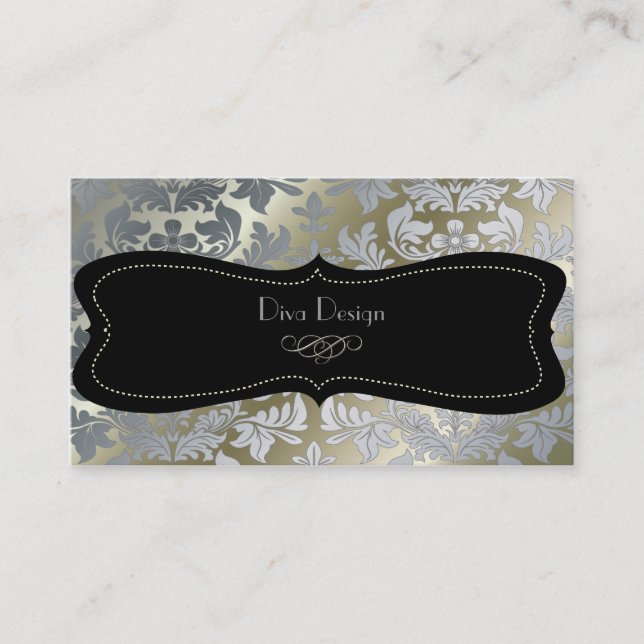 Faux silver baroque damask /black business card (Front)