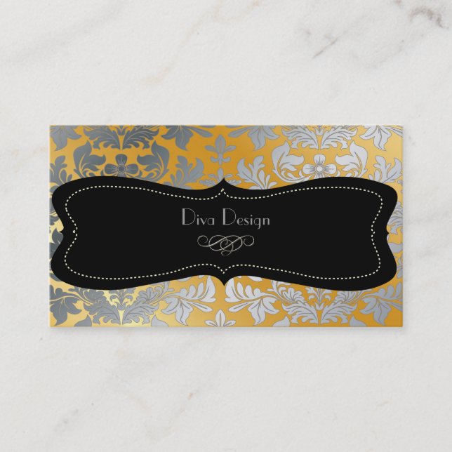 Faux silver baroque damask /black/gold tone business card (Front)