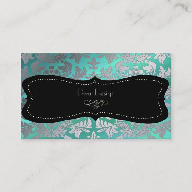 Faux silver baroque damask /black/teal business card (Front)