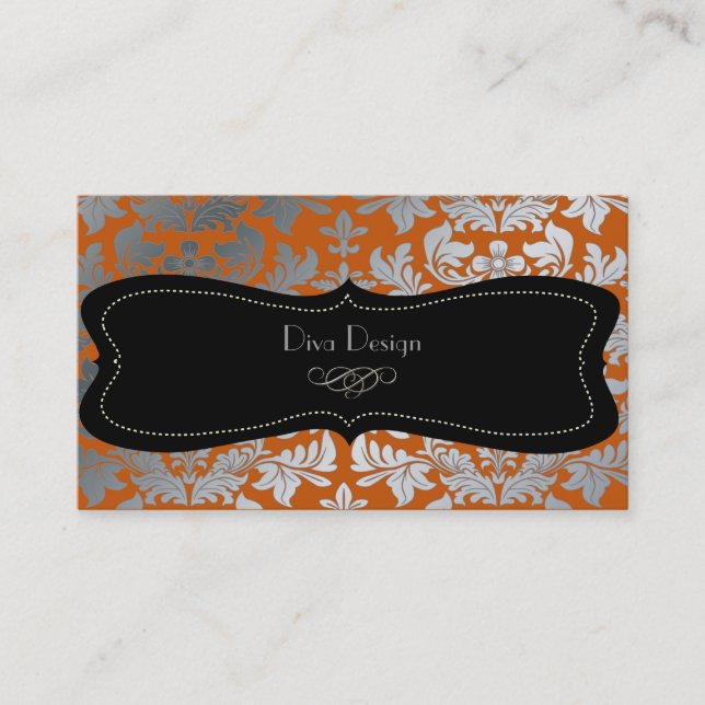 Faux silver baroque damask burnt orange/black business card (Front)