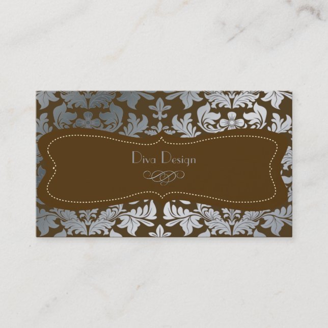 Faux silver baroque damask/DIY chocolate Business Card (Front)