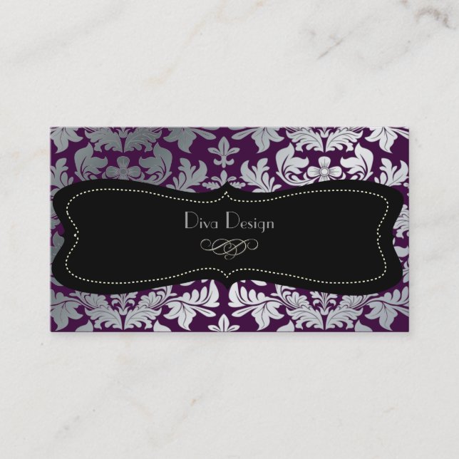 Faux silver baroque damask DIY colour/purple/black Business Card (Front)