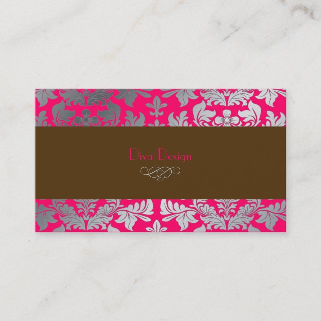 Faux silver baroque damask hot pink + chocolate business card (Front)