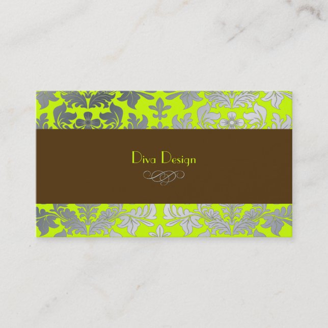 Faux silver baroque damask lime + chocolate business card (Front)