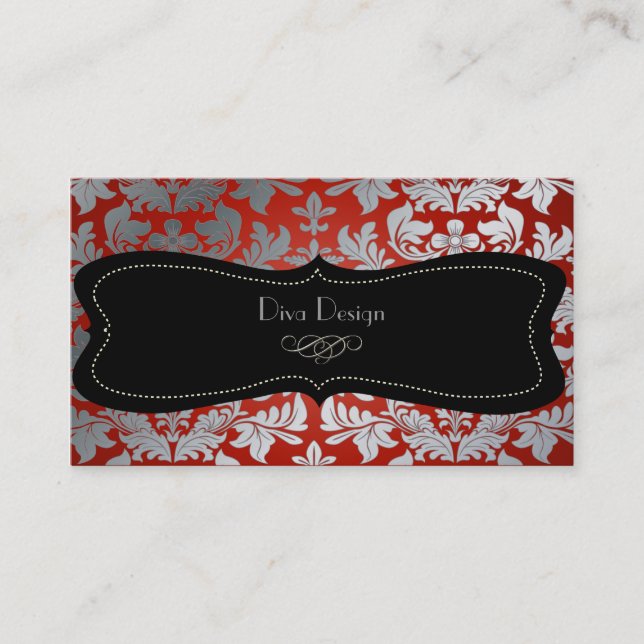 Faux silver baroque damask purple/black business card (Front)
