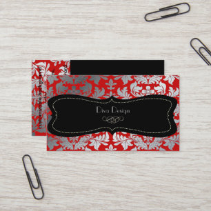 Faux silver baroque damask red/black business card