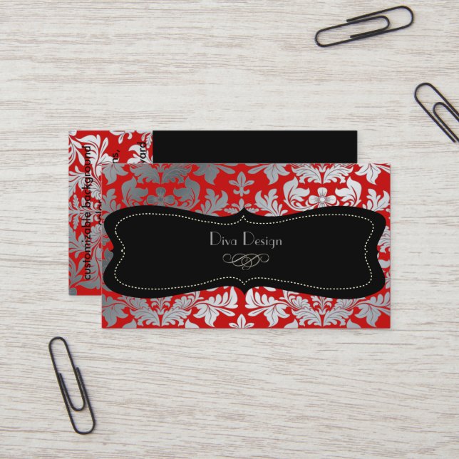 Faux silver baroque damask red/black business card (Front/Back In Situ)