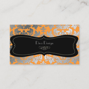Faux silver baroque damask salmon orange/black business card