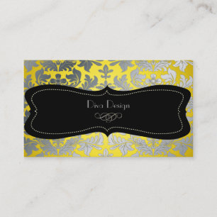 Faux silver baroque damask yellow/black business card