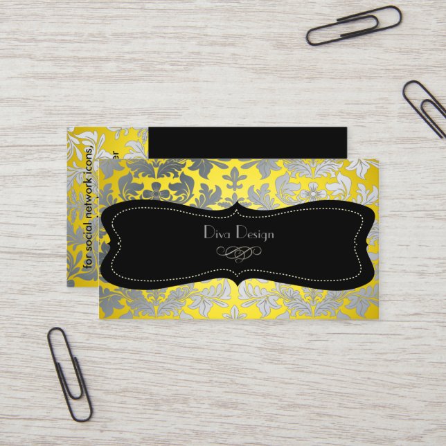 Faux silver baroque damask yellow/black business card (Front/Back In Situ)